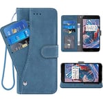 ELISORLI Compatible with OnePlus 3 3T A3000 Wallet Case Wrist Strap Lanyard Leather Flip Card Holder Cell Accessories Phone Cover for OnePlus3 OnePlus3T 1 One Plus T 1plus T3 1+ 1+3T 1+3 Men-Blue