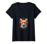 Womens DJ Fox with Headphones Disc Jockey Gifts Music Lovers V-Neck T-Shirt