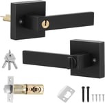 Square Privacy Door Lever With Lock,Door Handle With Lock And Key,Lock Lever Door Handle Set,External Door Lock Set,Door Handles Lever Lock For External,1 Pair(Noir)