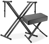 Support de Clavier et Tabouret Piano Réglable en Hauteur, Support Clavier avec Banc Piano Pliable, Double Cadre en X, Coussin épais, Capacité Charge 100KG,Support de Piano avec Chaise Siege Piano,Noir