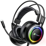 Casque de jeu ABKONCORE pour PS4, PC, ordinateur portable, casque avec microphone antibruit 7.1 Son surround virtuel, casque de jeu avec vibration des basses, lumières LED RVB contrôleur sur l'oreille