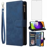 Asuwish Compatible with Samsung Galaxy A52 5G/4G Wallet Case Tempered Glass Screen Protector and Leather Flip Cover Card Holder Stand Cell Phone Cases for Glaxay A 52 G5 Gaxaly 52A S52 Women Men Blue