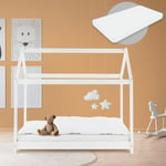 Lit d'Enfant Forme Maison 70x140 cm Blanc avec Matelas à Mousse Froide Sommier à Lattes Housse Amovible Lavable, Cadre de Lit en Bois de Pin Massif,