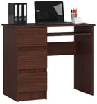 Bureau d'ordinateur AKORD gauche A6 Wengé 90 cm 3 tiroirs façade Wengé 1 étagère 90x50x77 cm