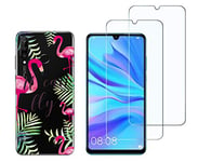 NOVAGO Compatible avec Huawei P30 Lite -Pack 2 en 1-Coque Souple Solide Anti Choc avec Impression + 2 Films Protection écran Verre trempé résistant (Coque+2 Films, Flamant Rose)