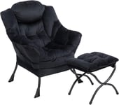 Fauteuil Chaise Scandinaves Avec Repose-Pieds, Chaise Paresseuse En Velours Chaise De Canapé De Loisirs Avec Structure En Acier, Noir Avec Repose-Pieds