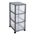 SUNDIS Orgamix, tour de rangement en plastique gris avec roues, 3 grands tiroirs transparents format papier A4, hauteur 63,5 cm, se déplace facilement, idéale rangement bureau, cours, documents