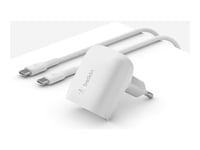 Belkin Boostcharge - Strömadapter - 20 Watt - 3 A - Strömmatning 3.1, Fast Charge (24 Pin Usb-C) - På Kabel: Usb-C - Mfi-Certifierad - Vit - Med Usb-C Till Usb-C-Kabel