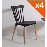 Kosmi - Lot de 4 Chaises Noires Style scandinave à barreaux modèle Pop avec Coque en résine Noire et Pieds en Bois Naturel