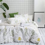 Sedefen Housse de Couette 140x200 cm Ado Blanc Vert Floral Fleurs Feuilles Parure de Lit 1 Personnes avec Fermeture Éclair - Housse Couette en Microfibre avec 1 Taie d'oreiller 65x65 cm