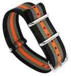 Tiera svart /Grått/Orange randigt NATO-armband - blankpolerad stål spänne och ringar 20 mm