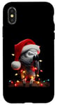 Coque pour iPhone X/XS Perroquet gris avec bonnet de Père Noël et lumières de Noël