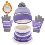 JFAN 3 en 1 Chaud Tricot Bonnet Enfant Hiver Chapeau Echarpe Gants Ensemble Lot de 7 Motifs Rayures Mignonne Multicolore Ski Cap Taille Unique Violet rayé