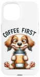 Coque pour iPhone 15 Coffee First Tasse à café Motif chiot mignon