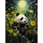 Midsummer Night's Panda Dream Oil Painting Panda Bear in a Full Moon Sunflower Field Landscape Kids Bedroom Unframed Wall Art Print Poster Home Decor