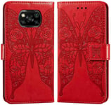 Etui En Pu Cuir Portefeuille Coque Pour Xiaomi Poco X3 Nfc Smartphone Magnétique Flip Housse Et Fentes Cartes Stent Fonction Papillon Gaufrage-Rouge