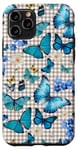 Coque pour iPhone 11 Pro Papillons bleus sur plaid beige marron avec fleurs vintage