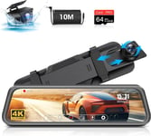 4K Dashcam Rétroviseur 10""Dashcam Caméra de Recul Rétroviseur,Dashcam Voiture Avant et Arriere avec Carte SD 64GB,Dashcam Caméra de Voiture Grand Angle de 170°Vision Nocturne G-Capteur 10M(Q30)