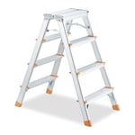 Relaxdays Aluminium Stepladder, Folding, 4 Tread, Ladder up to 150 kg, Double-Sided, Step Stool, Silver/Orange