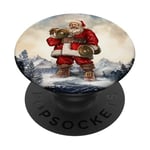 Haltères géantes de levage Père Noël dans une vallée de montagne enneigée PopSockets PopGrip Adhésif