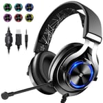 Casque Gamer Over Ear Gaming Headphone 3.5mm Double Jack avec Rotate Mic RGB LED Light pour PS4 PC Xbox,Black