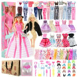 50Pcs Doll Clothes and Accessories Compatible with Barbie 11.5 inch, 1 Doll 2 Sets Fashion Dress 8 Dresses 2 Sets Short Sleeve Trousers 10 Shoes 18 Accessories 2 Gift Bag, Girl Gifts in Random