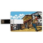 16G USB Flash Drives Credit Card Shape Western Memory Stick Bank Card Style Cartoon Cowboy Wrangler in an Old West Town Looking Down The Street Wild Adventure Decorative,Multicolor Waterproof Pen Thum