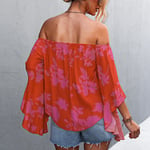 (Rose Red S)Women Off Shoulder Tops Summer High Low Hem Loose Bell Sleeve SG5