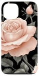 Coque pour iPhone 13 Roses rose pâle et feuilles vert foncé sur fond noir