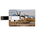 32G USB Flash Drives Credit Card Shape Windmill Decor Memory Stick Bank Card Style Medieval Spain Windmills in Consuegra Old Historical Landmark Decorative,Blue White Light Brown Waterproof Pen Thumb