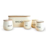 Tower T826212CHA 5 Piece Storage Set with Bread Bin, Biscuit Tin and 3 Storage Canisters, Stainless Steel with Airtight Mango Wood Lids, Chantilly