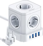 Cube Multiprise Prise 9-En-1, 4000 W, Avec 5 Prises, 3 Usb-A Et 1-Usb-C, Protection Surtension, Powercube Avec Rallonge De 2 Mètres, Blanc