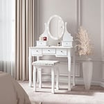 CARME Beverley Dior Dressing Table Hollywood Bulb LED Mirror Lights Stool Set 5 Drawers Jewellery Makeup Storage Organiser Cosmetic Vanity Dresser Vintage Style Dressing Room Bedroom Furniture (White)