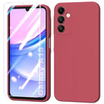 BUTISHIYU Coque en Silicone Compatible avec Samsung Galaxy A15 4G / 5G avec Protecteur D'écran en Verre Trempé,étui de Protection Complète,Housse Doublure Douce en Tissu Microfibre - Vin Rouge