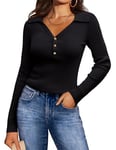 GRACE KARIN Pulls Côtelés À Col en V pour Femme Pull-Over Extensible À Col À Revers Chemise Chemisier Automne Noir 2XL