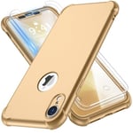 ORETECH Compatible With iPhone XR Case, with[2xTempered Glass Screen Protector] 360 Shockproof iPhone Xr Protective Ultra Thin Anti Scratch Hard PC Silicone TPU Bumper Case for iPhone xr 2018 - Gold