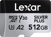 Silver Plus Carte Micro SD 512 Go,Vitesse de Lecture jusqu'à 205 Mo/s,Vitesse d'écriture 150 Mo/s,Carte mémoire Micro SD avec Adaptateur SD,UHS-I,A2,U3,V30,Classe 10,4K UHD microSDxC.[Y29]