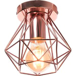 Plafonnier Industriel Cage Métal Forme Diamant Lustre Suspension Luminaire Salon Couloir Doré Rose