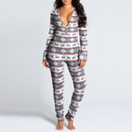 Dam One Piece Print Nattkläder Julpyjamas Jumpsuit Rompers Långärmade nattkläder Grey L