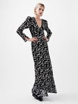 French Connection Long Sleeve Patterned Satin Maxi Dress - Black, Black, Size 14, Women