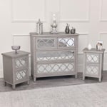 Large Silver Mirrored Chest Of Drawers & Pair Of Bedside Tables - Sabrina Silver Range