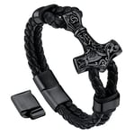 Bandmax Bracelet Viking Homme Mjölnir 21cm Bracelet en Cuir Tressée Marteau de Thor Noir