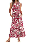 AUSELILY Robe Longue Femme Ete Robe sans Manches Robe de Plage Longue Legere Fluide Maxi Robe Taille Empire avec Poches Fleurs Rouges S