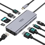 Docking Station d'accueil USB C Dual HDMI, Adaptateur Hub USB C Multiport 9 en 1 vers 4K HDMI, 5 Gbit/s USB C/A 3.0, USB 2.0, PD100W, Ethernet RJ45, SD/Micro SD Lecteur de Cartes pour HP