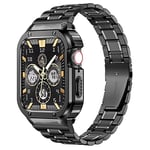 MioHHR Stainless Steel Watch Band with Case Compatible for Apple Watch Bands 38/40/41 mm,Rugged Strap with Metal Protective Bumper Cover for iWatch Series 9/8/7/6/5/4/SE/3/2/1 for Men(Black)