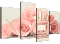 Large Shabby Chic Pink Cream Rose Perfume Girls Bedroom Canvas 4 Part - 4285