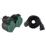 Electraline 531193 531195 Adaptateur Biplite d'extérieur résistant à l'eau IP44, fiche, multiprise 2 Prises Français avec Capuchon Vert & Prolongateur 16A 2P+T HO5VV-F 3G1,5mm² Noir 5m