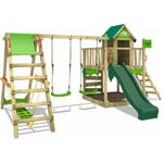 Aire de jeux Portique bois JazzyJungle avec balançoire SurfSwing et toboggan Maison enfant exterieur avec bac à sable, échelle d'escalade &