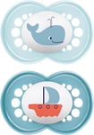 MAM Original Soother 16+ Months (Set Of 2), Baby Soother Made From Sustainable And Bio-Renewable Material, SkinSoft Silicone Teat, With MAM Soother Case, Blue (Designs May Vary)