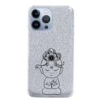 Coque Iphone 13 PRO paillettes argent bouddha kawaii noir